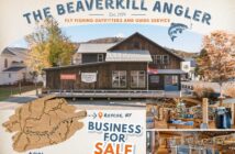 Collage showcasing The Beaverkill Angler, a fly fishing outfitter in Roscoe, NY. Includes images of the exterior, interior with gear, and a regional map. Business is for sale.