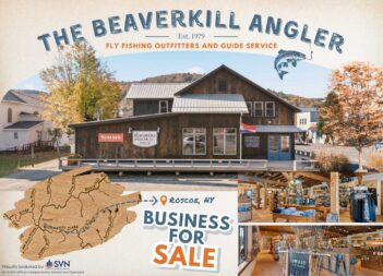 Collage showcasing The Beaverkill Angler, a fly fishing outfitter in Roscoe, NY. Includes images of the exterior, interior with gear, and a regional map. Business is for sale.