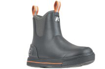 A single dark rubber boot with orange pull tabs and a logo on the side is shown against a white background.