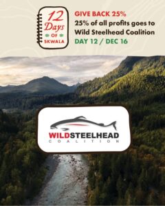 Aerial view of a forested valley with a river. Overlay text promotes donating 25% of profits to Wild Steelhead Coalition from December 12 to December 16. Logo included.