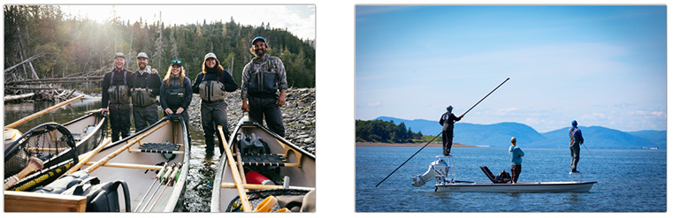 Two images: left shows a group of five people standing with canoes on a riverbank; right shows two people fishing on a small boat in a large body of water.