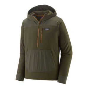 A green hooded jacket with a kangaroo pocket and quarter-zip front, featuring a small logo patch on the chest.