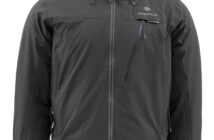 Dark gray outdoor jacket with a hood, front zipper, and logo on the chest. It features multiple pockets with zippers.