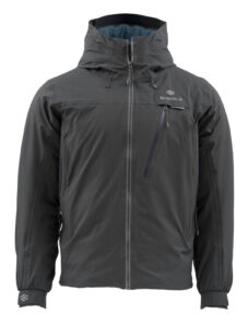 Dark gray outdoor jacket with a hood, front zipper, and logo on the chest. It features multiple pockets with zippers.