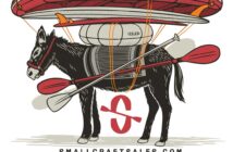 Illustration of a donkey carrying paddleboards and a kayak. Text reads: "Small Craft Sales: From SUPs to Skiffs" and "smallcraftsales.com.