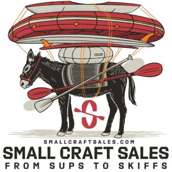 Illustration of a donkey carrying paddleboards and a kayak. Text reads: "Small Craft Sales: From SUPs to Skiffs" and "smallcraftsales.com.