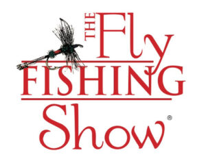 Logo for "The Fly Fishing Show" featuring red text and an illustration of a fishing fly.