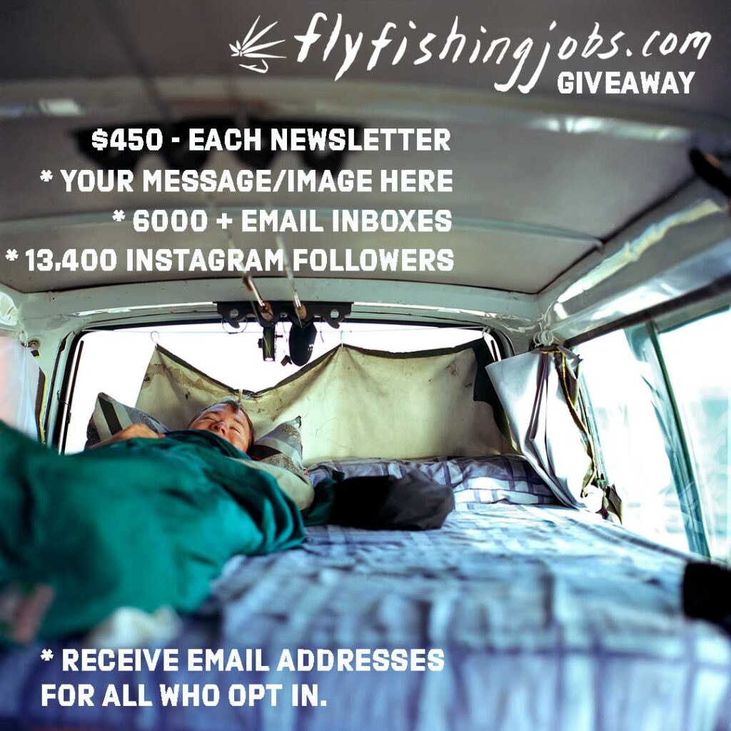 A person is lying in a sleeping bag inside a van. The text promotes a flyfishing giveaway with details about payment, audience reach, and email addresses.