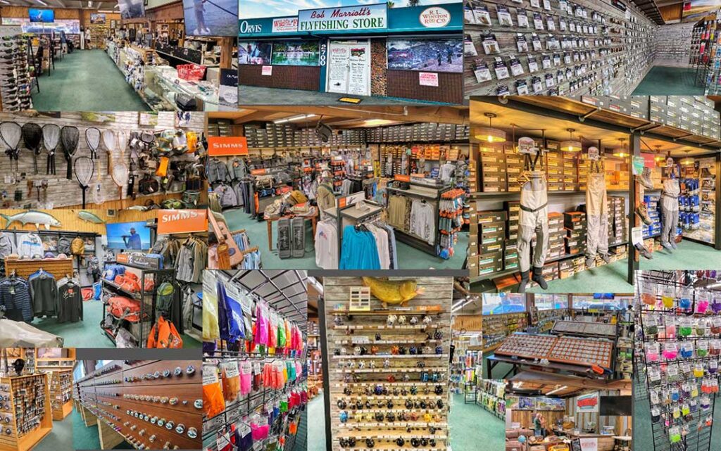 Collage of a fishing supply store interior, showcasing aisles of rods, reels, clothing, tackle boxes, and accessories, with a store entrance sign reading "Bob Marriott's Fly Fishing Store.