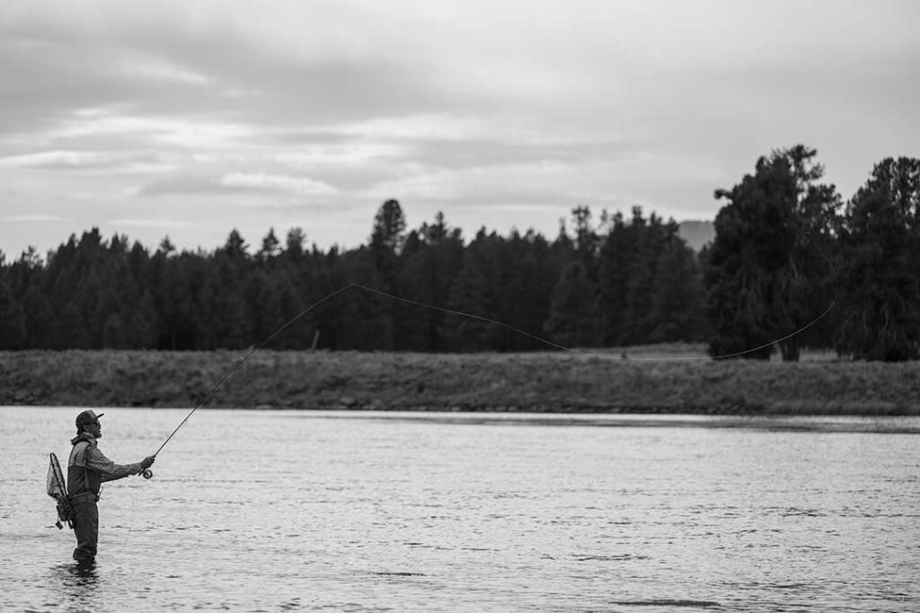 Person fly fishing in a river, wearing waders and a hat. Forest and cloudy sky in the background. Black and white image.