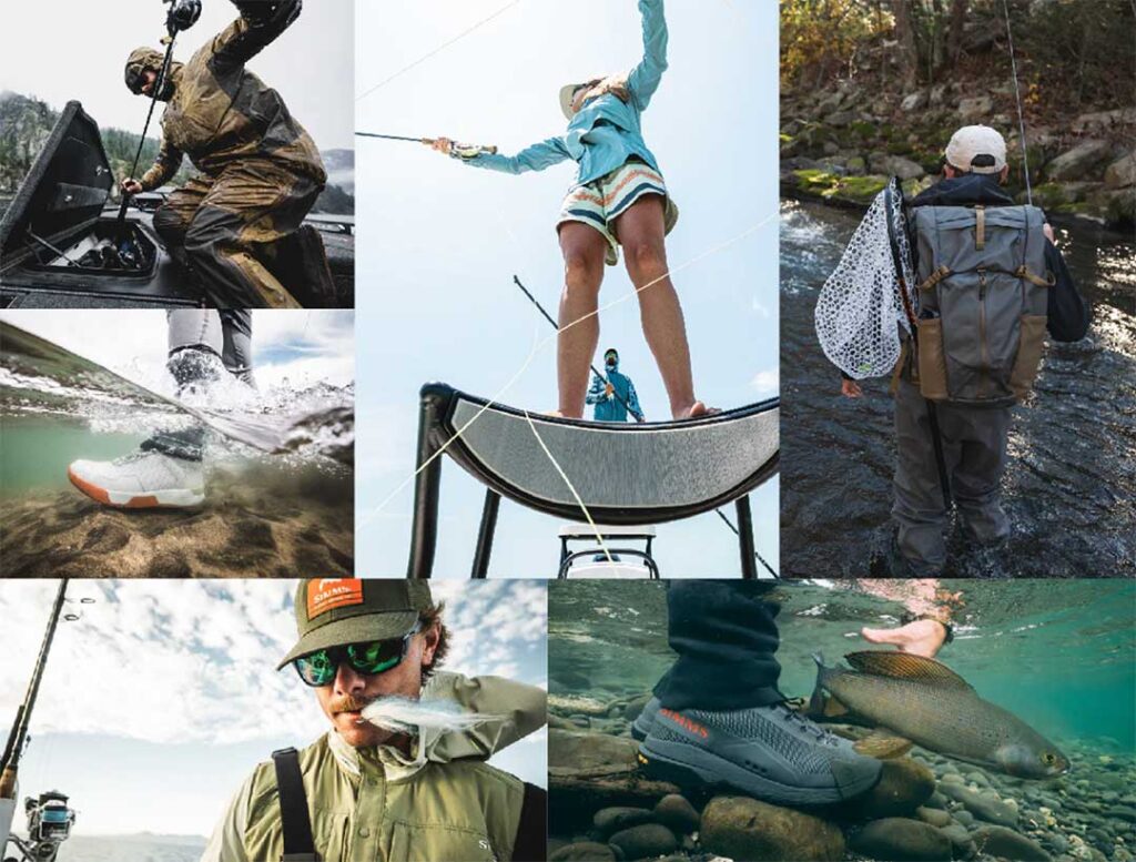 Collage of outdoor fishing scenes: people fishing on a boat, walking in water, wearing outdoor gear, and holding a fish.