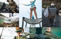 Collage of outdoor fishing scenes: people fishing on a boat, walking in water, wearing outdoor gear, and holding a fish.