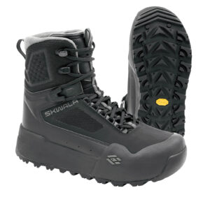 A pair of black Skwala branded hiking boots with rugged Vibram soles; one boot upright, the other laying on its side to show the tread pattern.