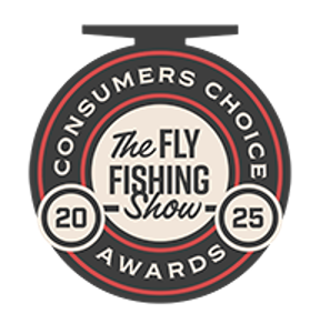 Logo of the Consumers Choice Awards 2025 for The Fly Fishing Show. Circular design with black and red borders.