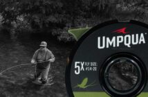 Fly fishing scene with a person wading in water. Inset shows Umpqua Stratos X Dry Fly Nylon spool, labeled 5X, fly size #14-20. Large text reads "STRATOS X".