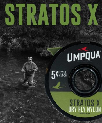 Fly fishing scene with a person wading in water. Inset shows Umpqua Stratos X Dry Fly Nylon spool, labeled 5X, fly size #14-20. Large text reads "STRATOS X".